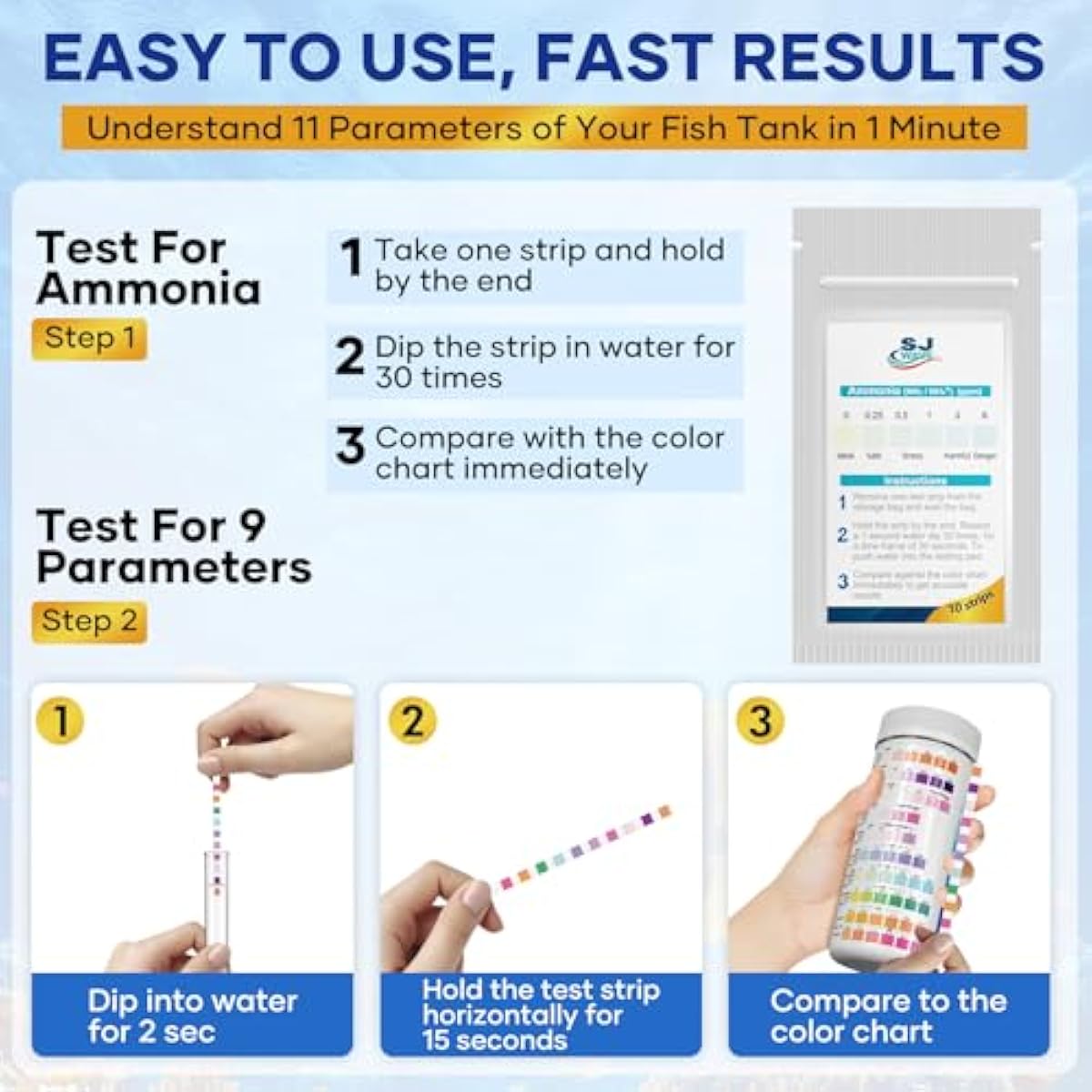 11-in-1 aquarium test strips water testing kit for fish tank aquariums with 950 tests and thermometer