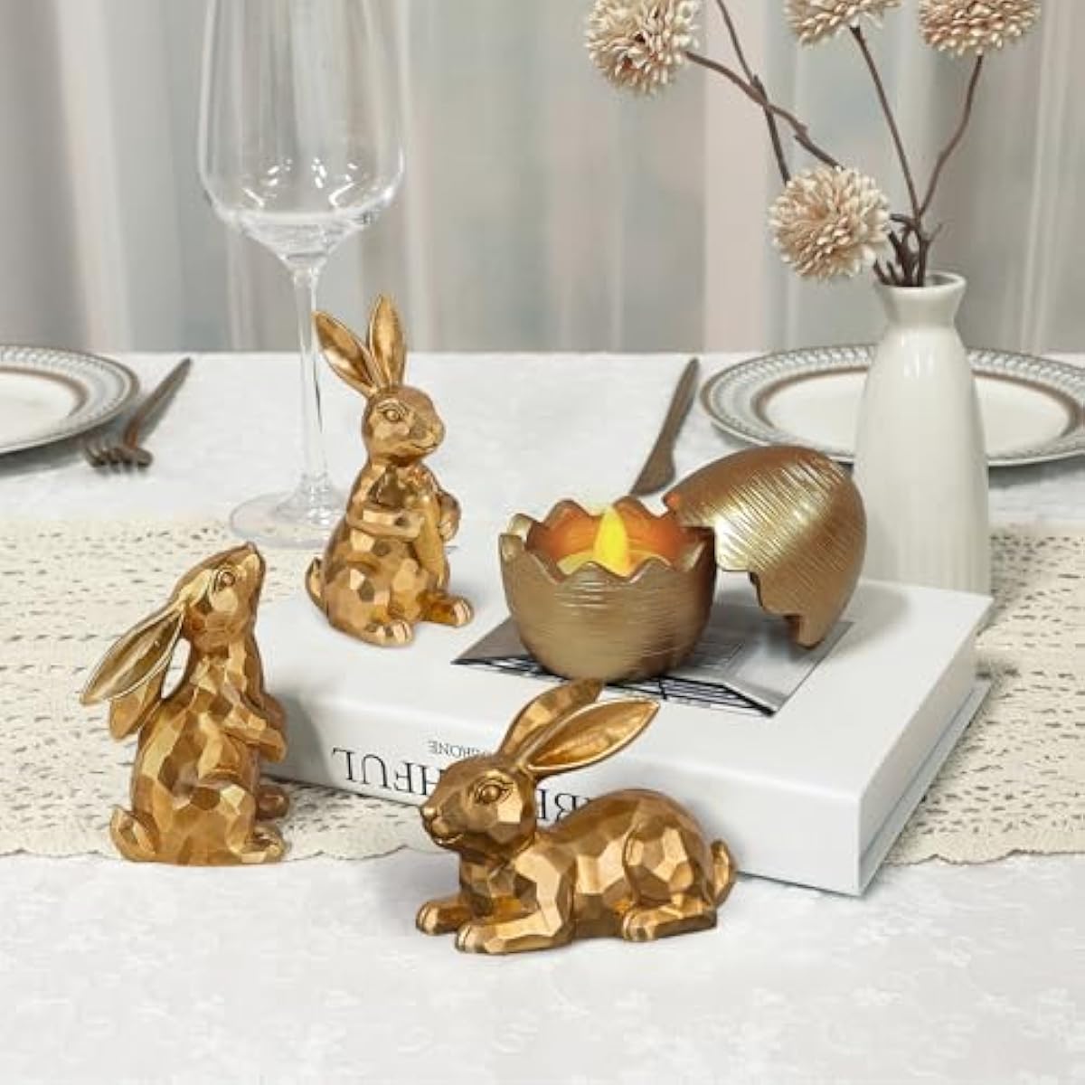 Easter Bunny Gold Bunny Figurines, 4PCS Spring Decors Easters Centerpieces for Tables Sculptures Home Decors, Easter Decorations for Home
