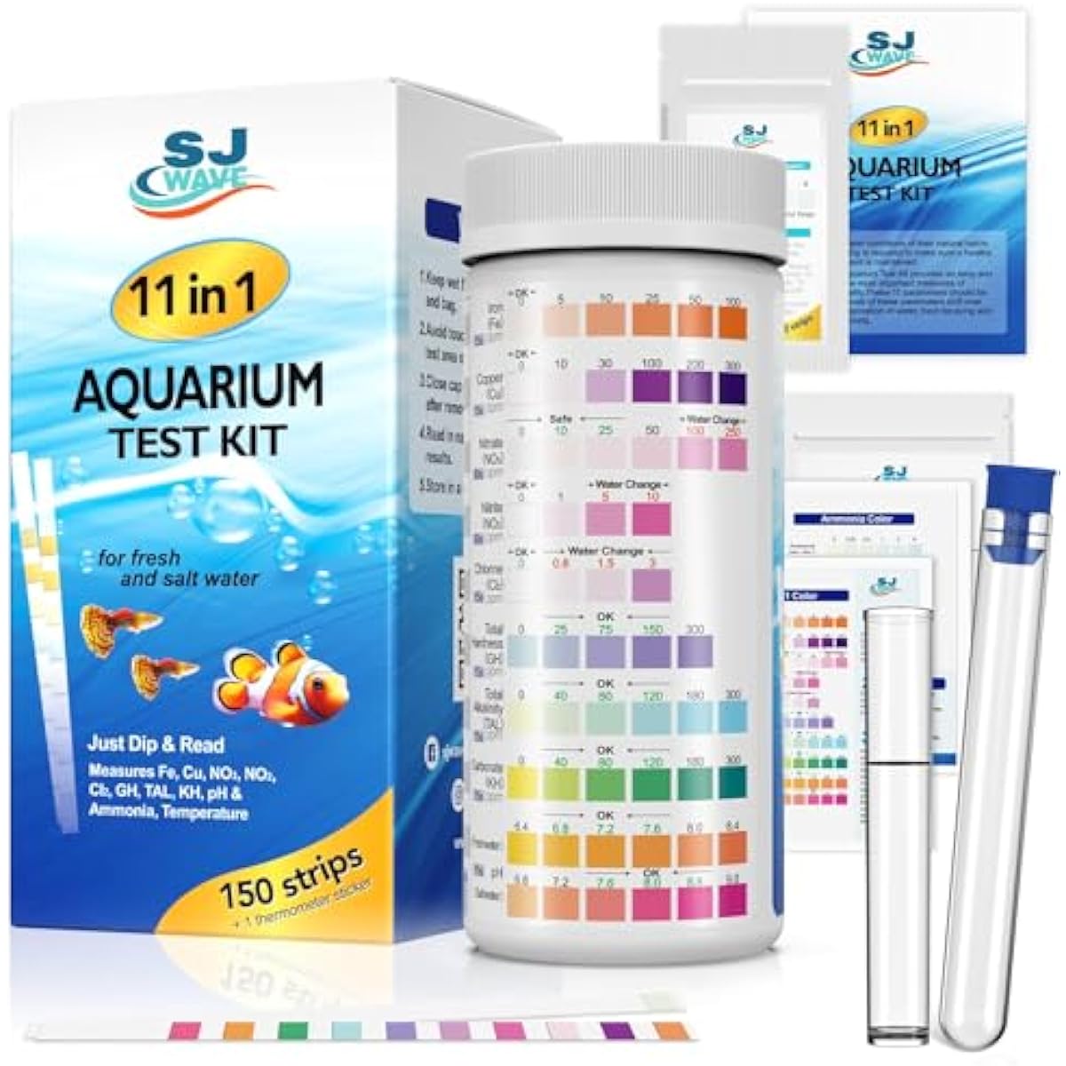 11-in-1 aquarium test strips water testing kit for fish tank aquariums with 950 tests and thermometer