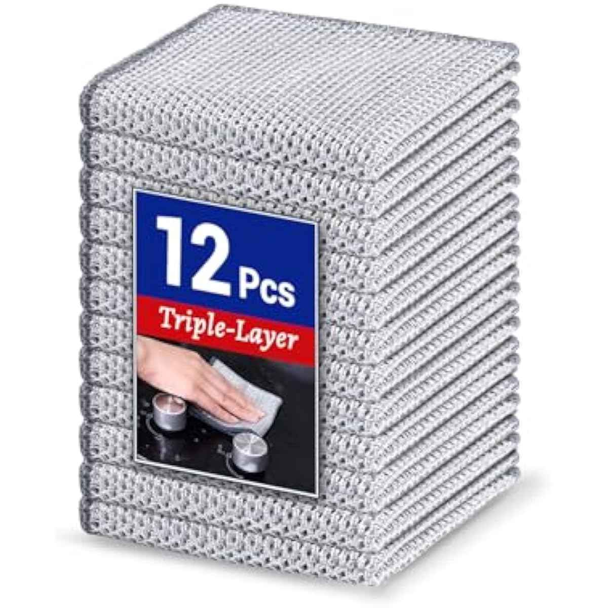 12 PCS 3-Layer Non-Scratch Multipurpose Steel Wire Dishcloths - Reusable Quick-Dry Odor-Free Scrub Cloths for Dishes, Kitchen Cleaning Cloths for Cookware, Sinks, Stove Tops(7.87X7.87)