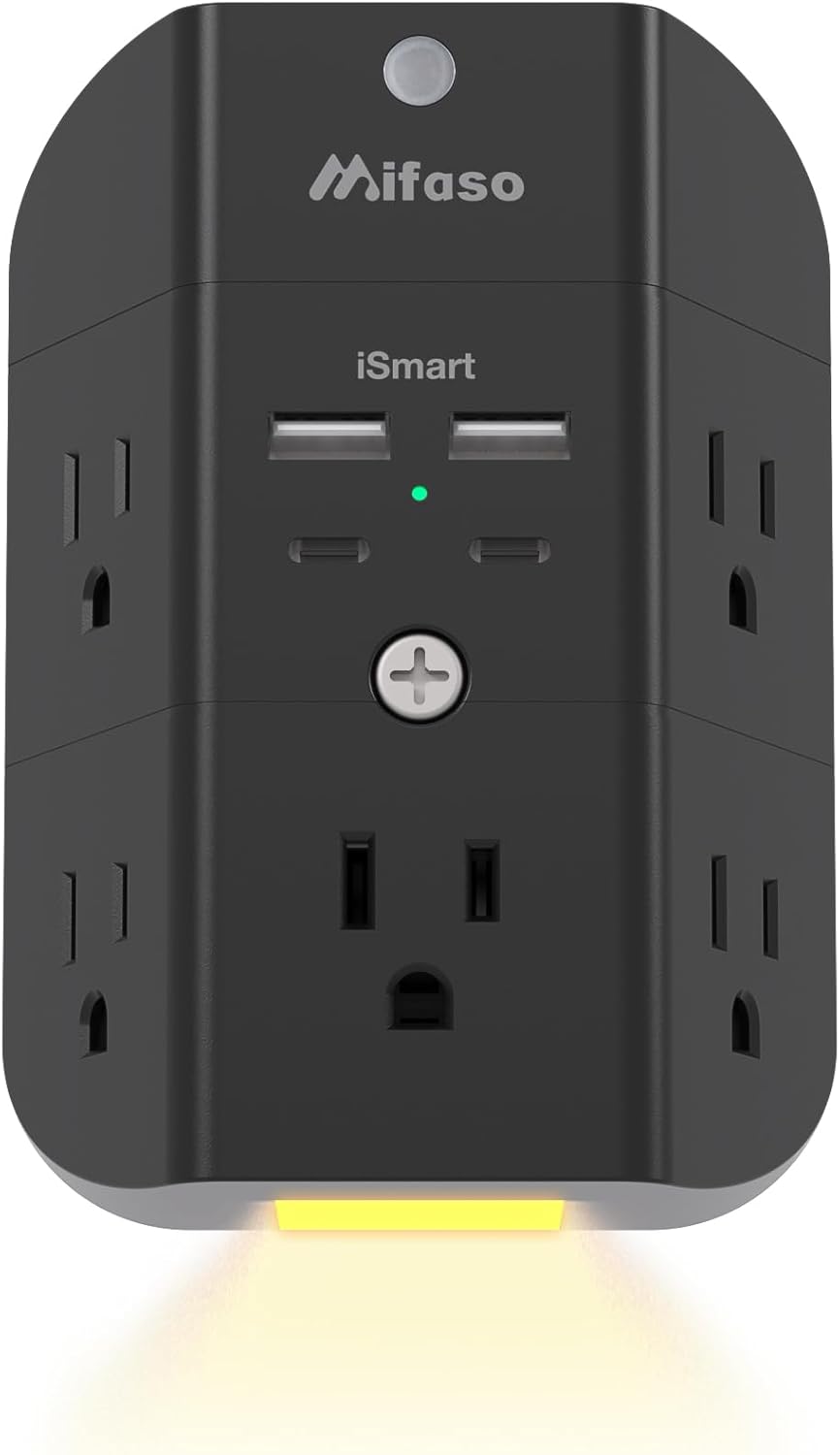 Surge protector outlet extender with night light, 5-outlet splitter, and 4 USB ports for home and dorm room essentials