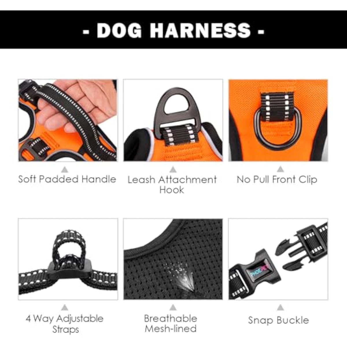 phoepet medium reflective dog harness with handle adjustable 2 metal rings orange