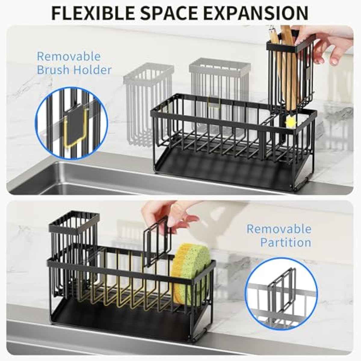 Cisily Sink Caddy Sponge Holder for Kitchen with Brush Holder and Stainless Steel Self Drain Tray, Rustproof Kitchen Sink Organizer for Sponge, Soap Dispenser Storage Accessories