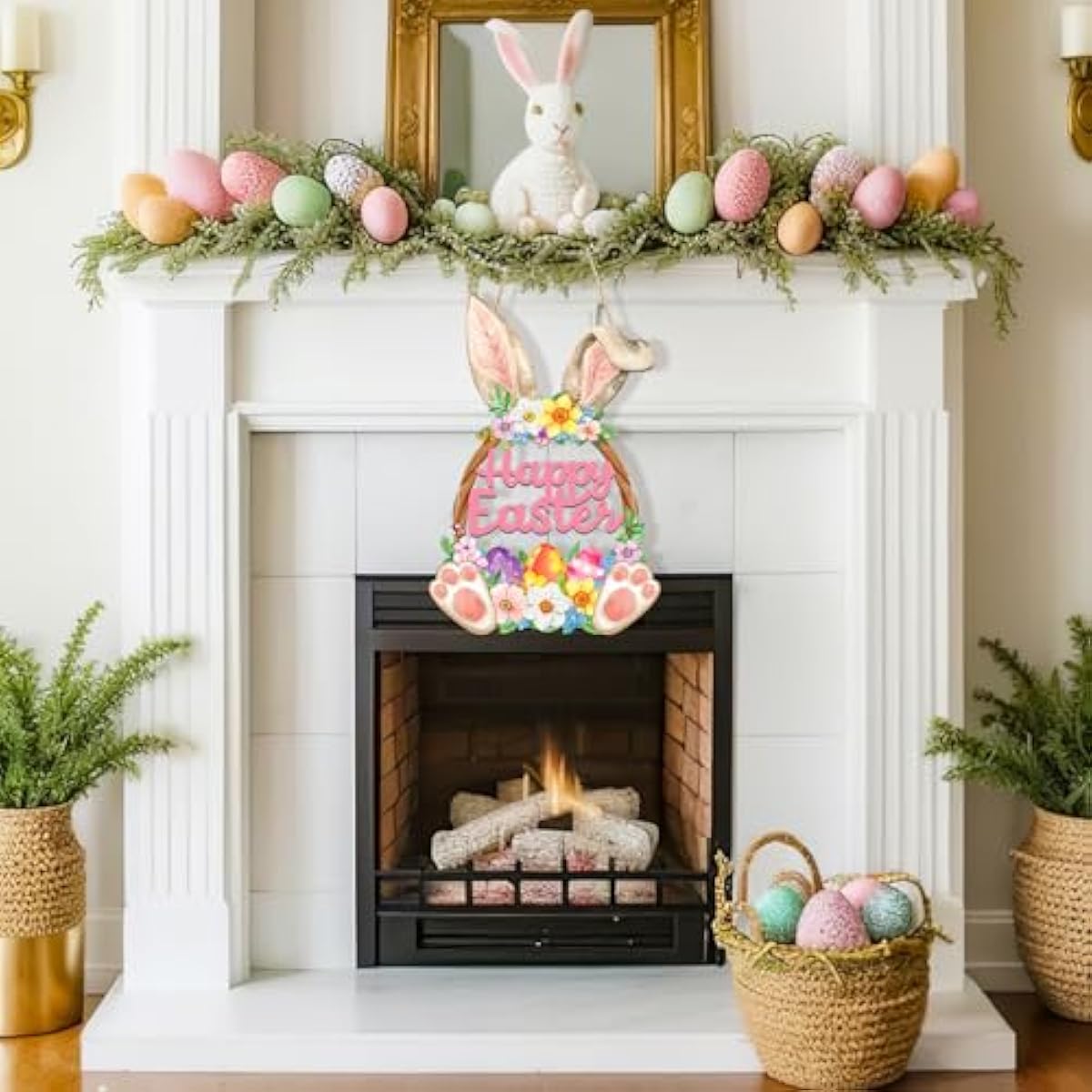 wooden easter decoration door wreath hollow bunny sign spring decoration wall decor
