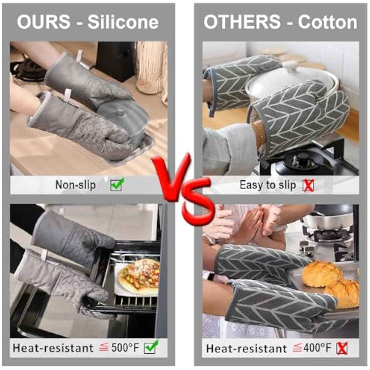 KEGOUU Oven Mitts and Pot Holders 6pcs Set, Kitchen Oven Glove High Heat Resistant 500 Degree Extra Long Oven Mitts and Potholder with Non-Slip Silicone Surface for Cooking (Grey)