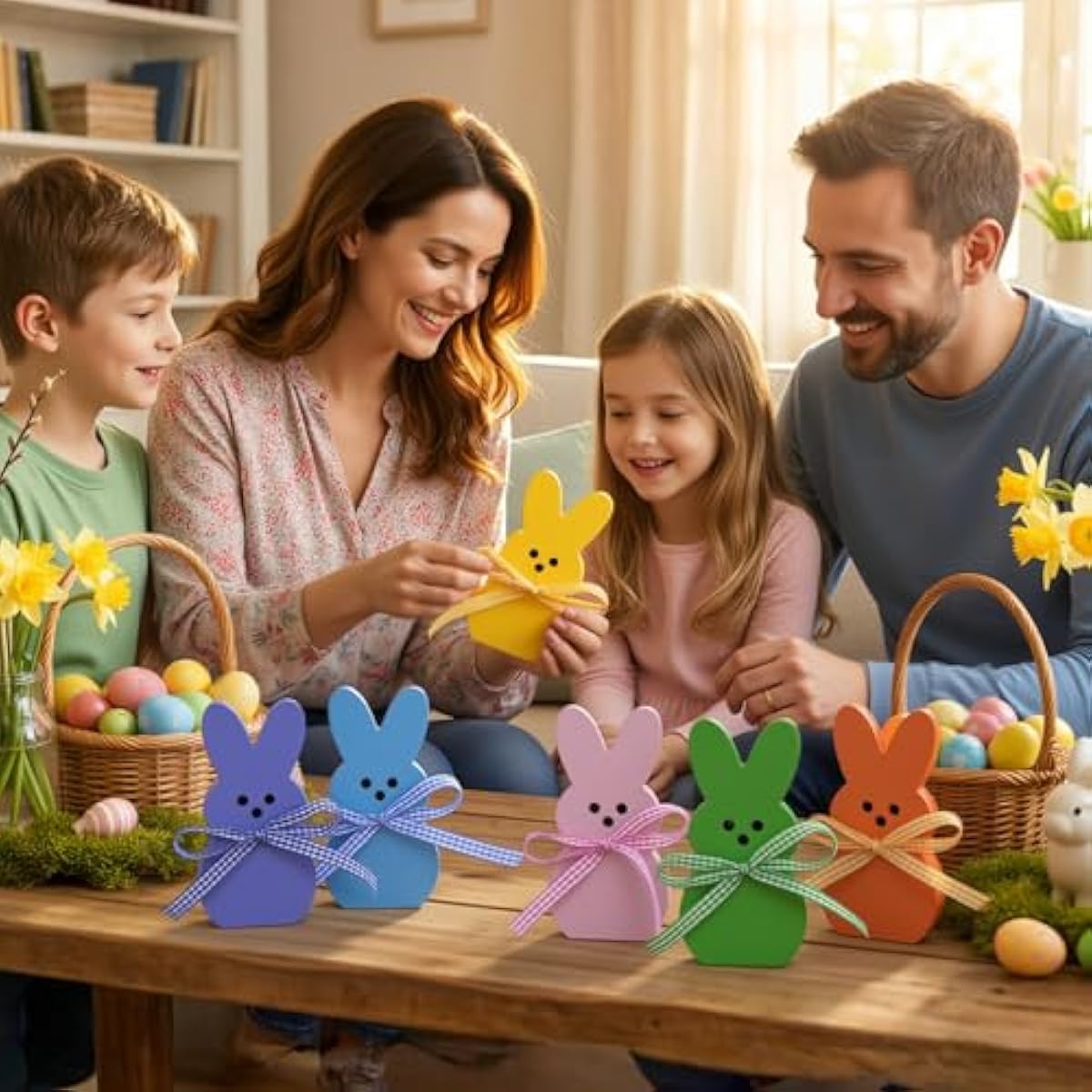 Easter Decorations for Home, 6 Pcs Wooden Bunny Table Decorations Signs with DIY Ribbons, Indoor Spring Easter Decor for Office Bedroom Kitchen Tiered Tray Mantel Shelf, 4.28 Inch
