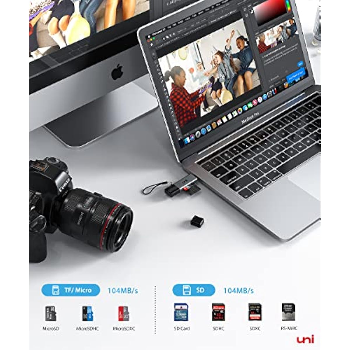uni high-speed usb c sd card reader, usb 3.0 dual slots, compatible with macbook pro, android galaxy