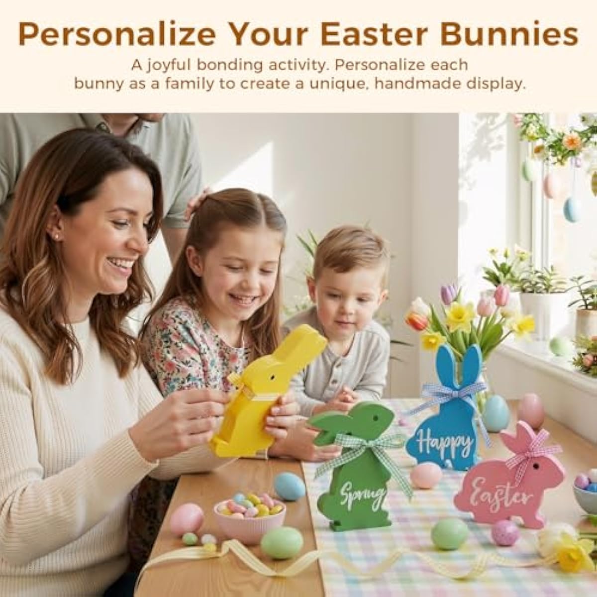 Easter Decor, 4 Pcs Bunny Spring Easter Decorations for Home Office Table, 5~6.4 Inches Wood Rabbit Easter Decorations Sign with Ribbons for Tiered Tray Mantel Shelf, Farmhouse Party Supplies
