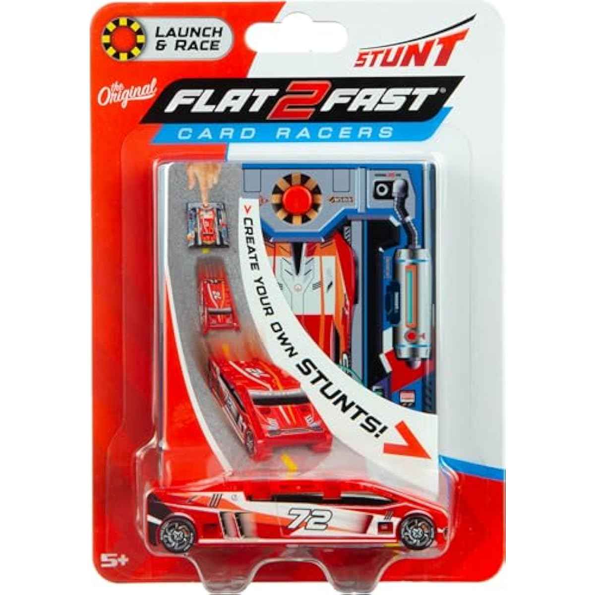 FLAT 2 FAST Original Stunt Card Racer – Flat Car Racer and Pocket Size Racecar Launcher with Built-in Button for Stunt Launching and Racing – Compact – Crimson Red