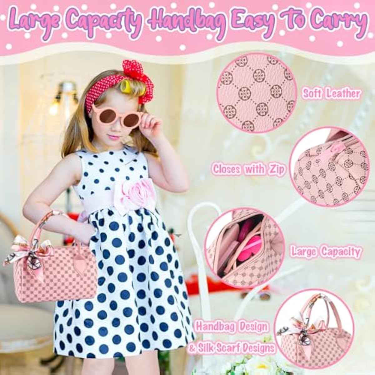 Play Purse for Little Girls, 32PCS Toddler Purse with Pretend Makeup for Kids, Princess Toys Includes Handbag, Phone, Wristwatch, Silk Scarf Kids Toy Purse Birthday Gift for Girls 3 4 5 6 +