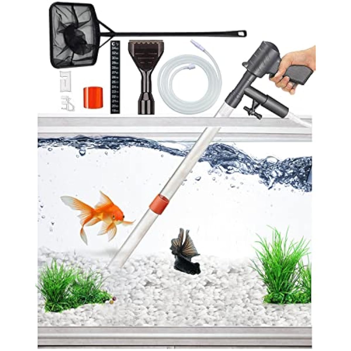 QZQ Aquarium Gravel Cleaner [2026 Edition] Vacuum Fish Tank Vacuum Cleaner Tools for Aquarium Water Changer with Aquarium Thermometers Fish Net kit Use for Fish Tank Cleaning Gravel and Sand