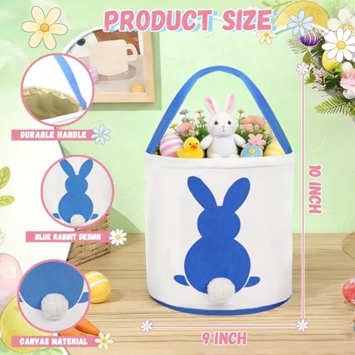 3 pcs canvas bunny print easter egg hunt gift basket with fluffy tails for kids party decoration