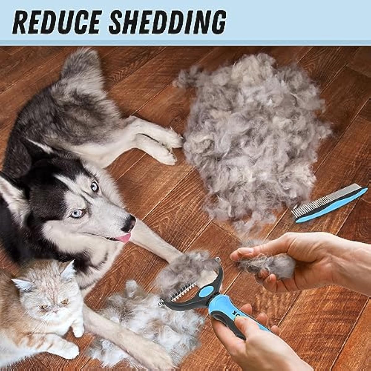 Pet Grooming Combo - Blue Deshedding Brush with Metal Comb for Detangling and Dematting Long, Matted Fur on Cats and Dogs