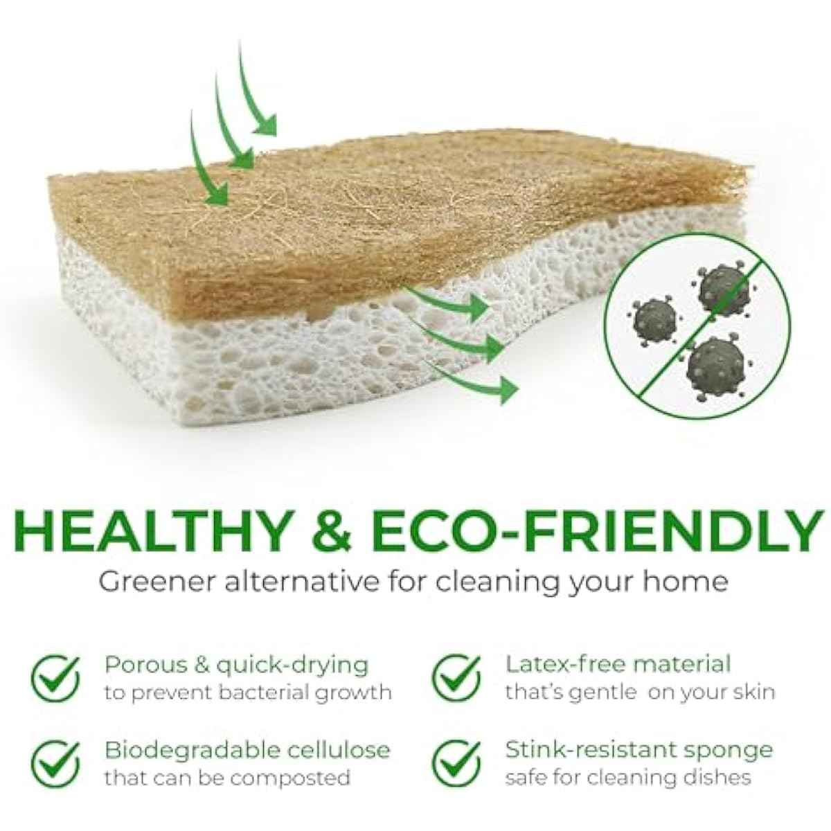 Biodegradable Natural Kitchen Sponge - Compostable Cellulose and Coconut Walnut Scrubber Sponge (12 Pack)