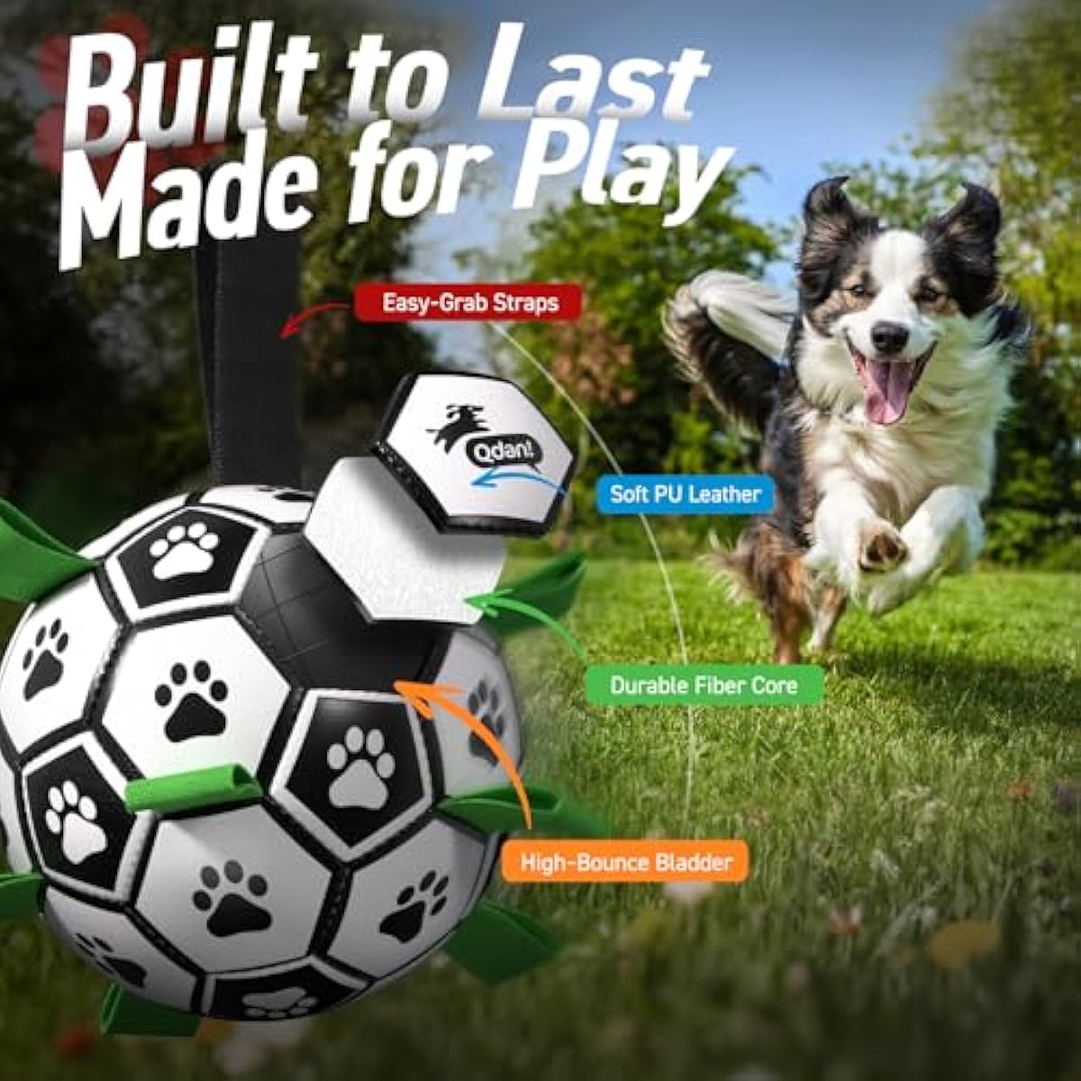 Qdan dog toys 6 inch world cup dog soccer ball with straps for small medium pet outdoor play