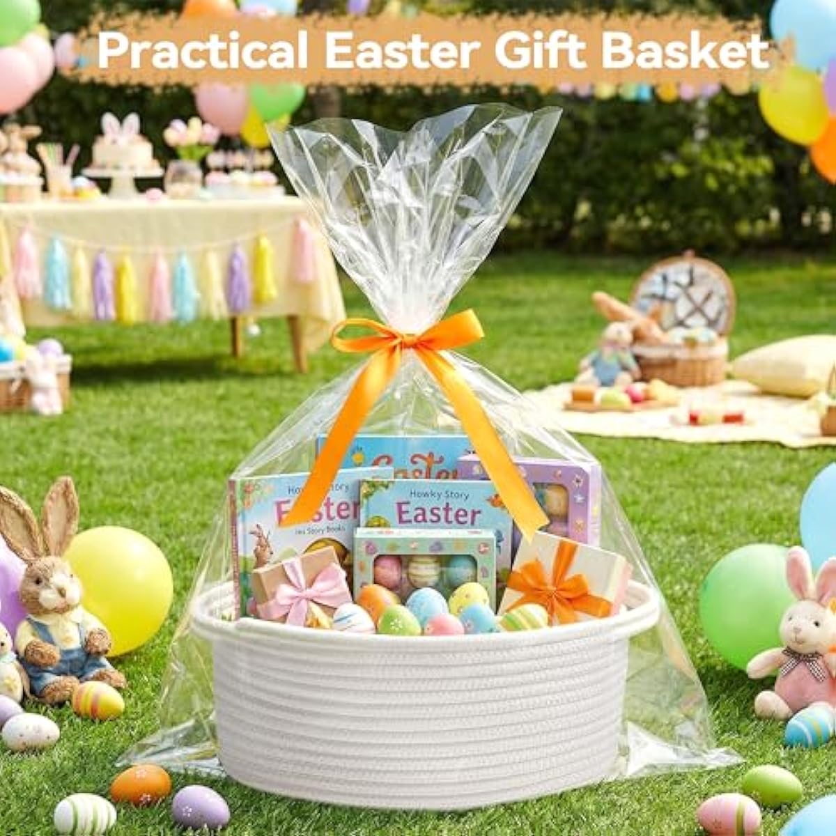 White small woven burr basket with gift bags and ribbons, 12" x 8" x 5", durable storage for gifts, baby toys, and living room essentials