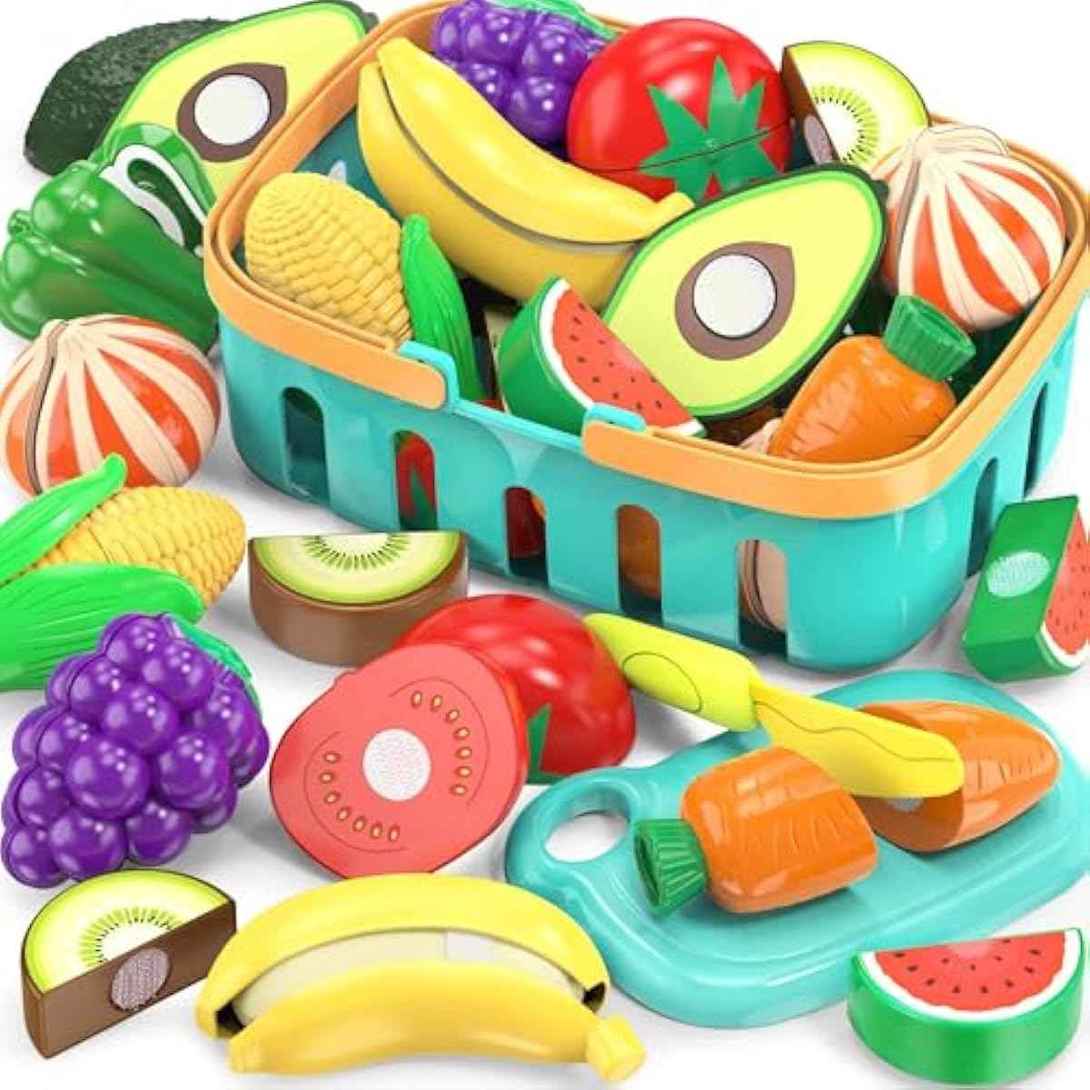 Cutting Play Food Toys For Kids, Pretend Play Kitchen Accessories, Fake Fruits/Vegetables Set With Shopping Storage Basket, Plastic Board And Knife, Birthday Gifts/Educational Toy For Toddler Children