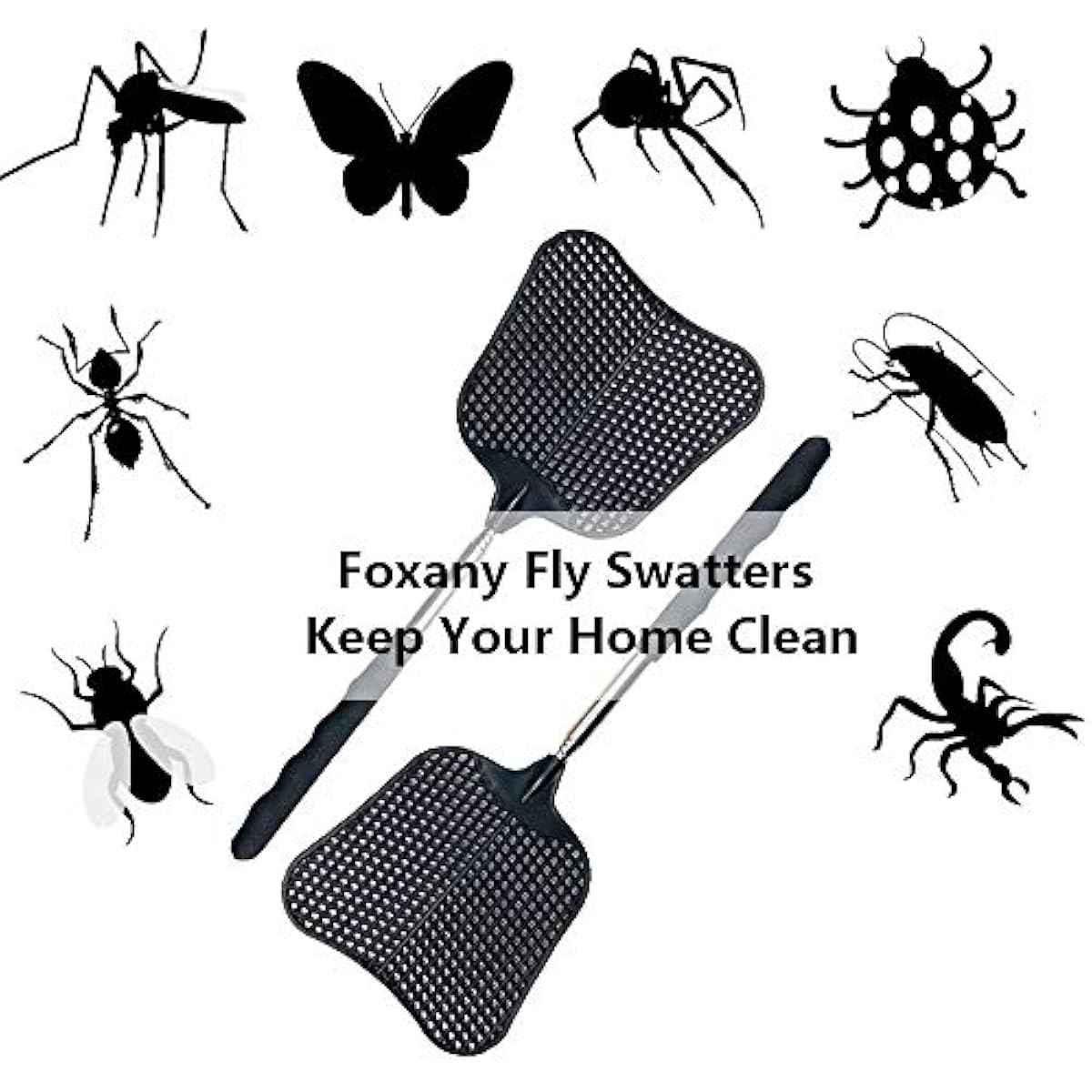 Foxany Telescopic Fly Swatters, Durable Plastic Fly Swatter Heavy Duty Set, Flyswatter with Stainless Steel Handle for Indoor/Outdoor/Classroom (2 Pack)