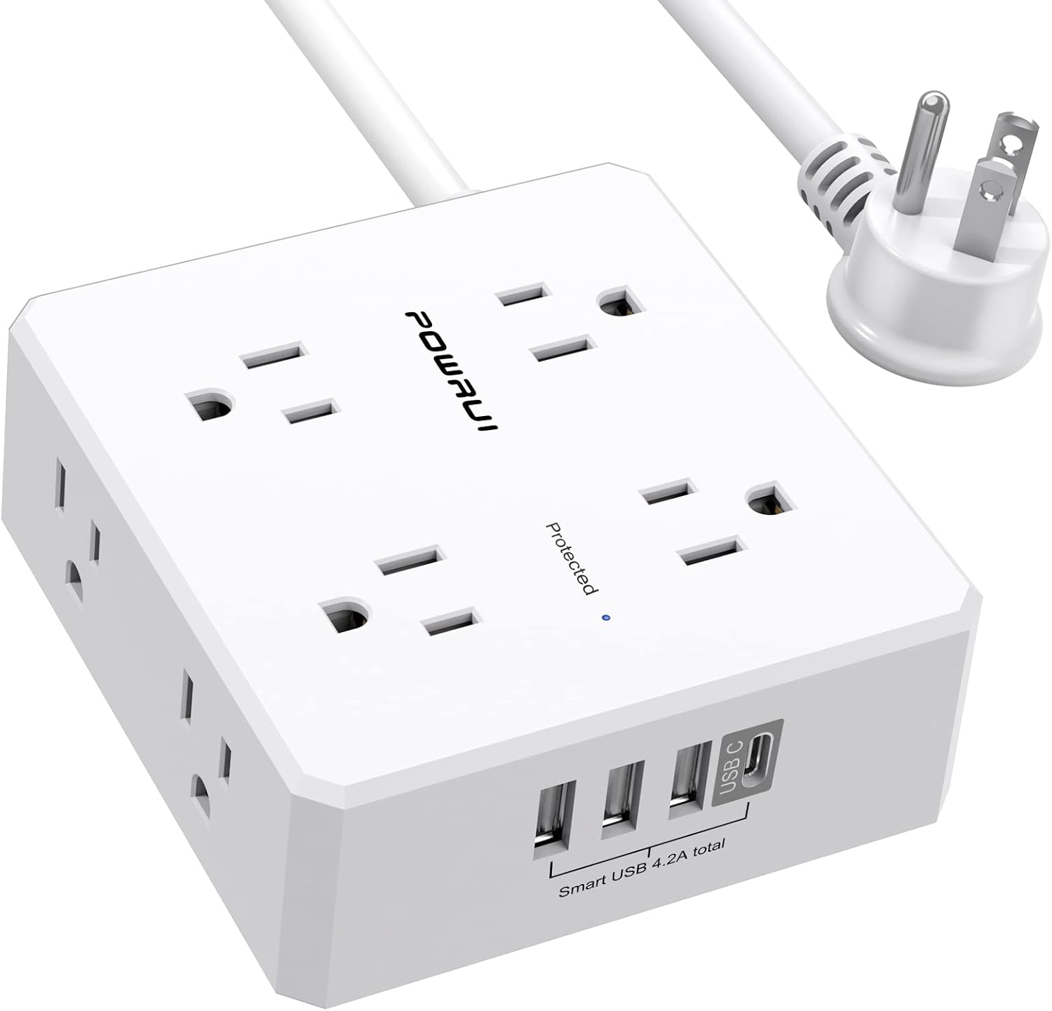 POWRUI Surge Protector Power Strip with 6 FT Flat Plug Extension Cord and 8 Widely Outlets White