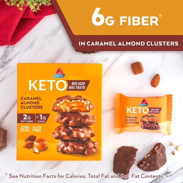 Atkins Caramel Almond Clusters Gluten Free High Fiber Keto Friendly 20 Count 2g Net Carb