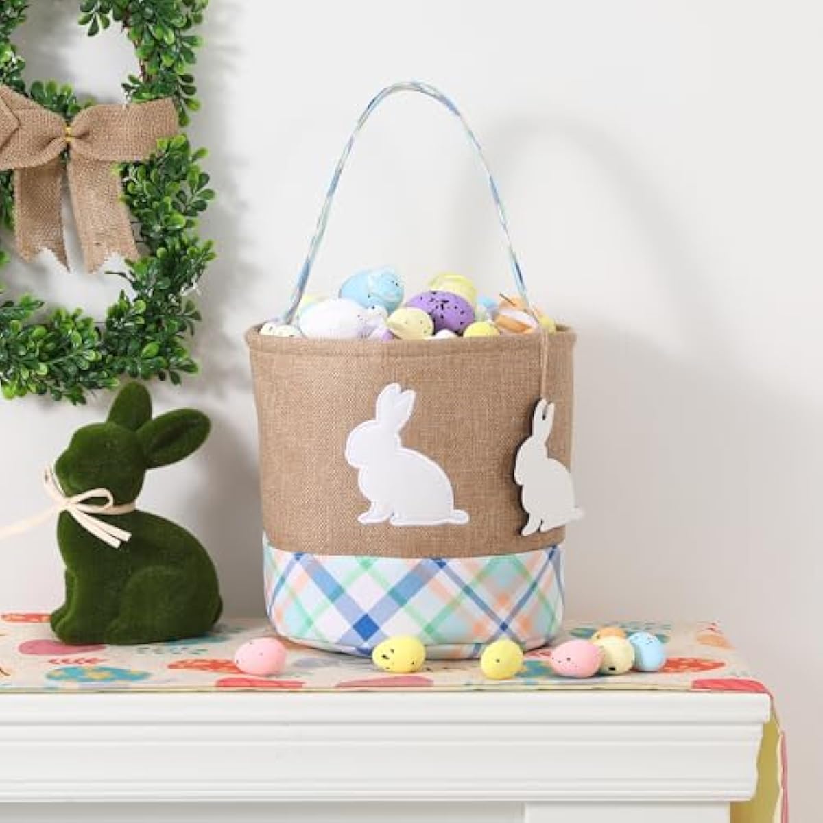 handmade wooden easter bunny basket with diy tag for kids boys girls easter egg hunt storage (blue)
