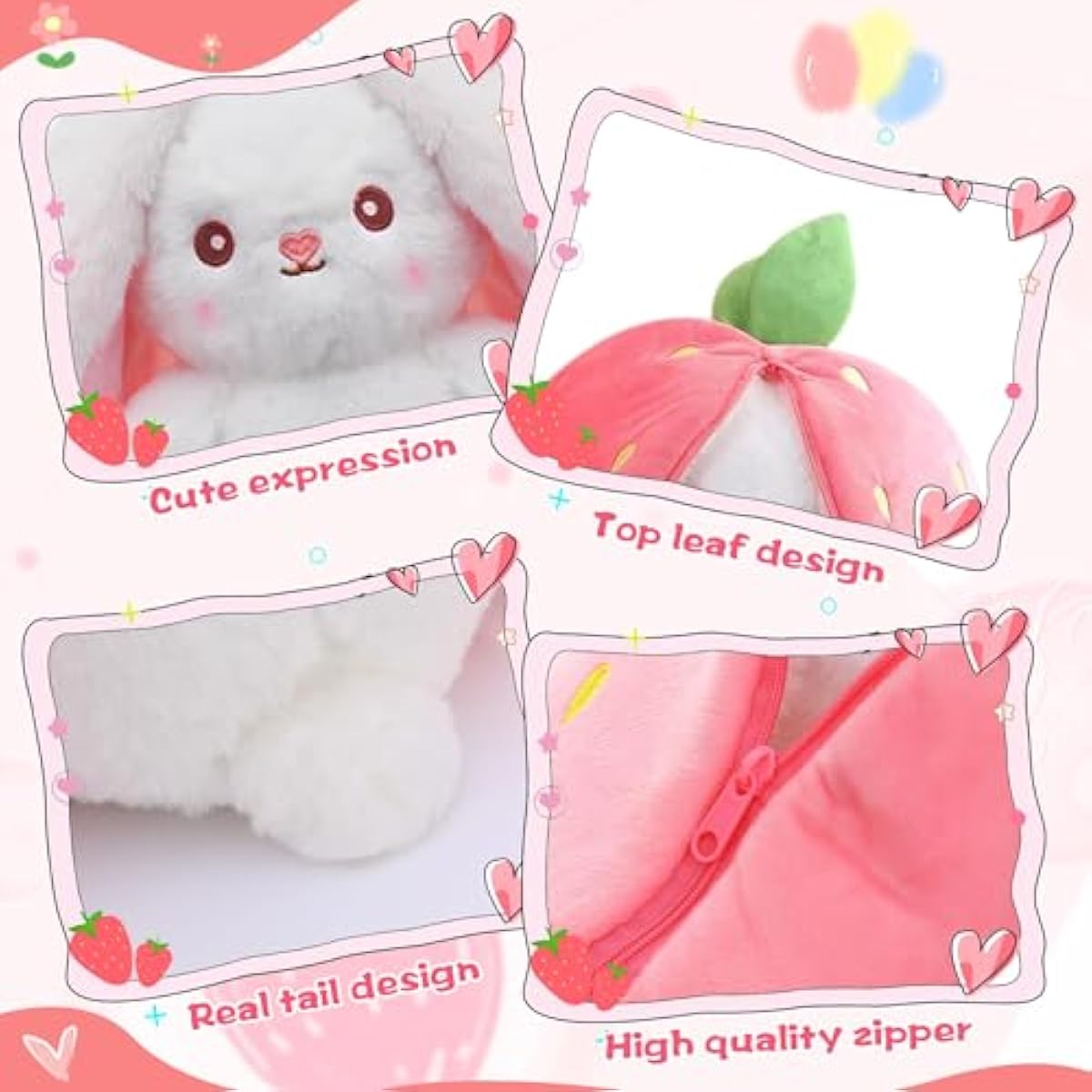 miaodam strawberry bunny reversible cuddle bunny plush zipper transformed rabbit toy