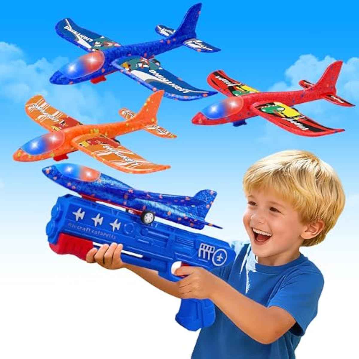 3 Pack Airplane Launcher Toys, 2 Flight Modes LED Foam Glider Catapult Plane, Outdoor Flying Toy for Kids, Birthday Gifts for Boy Girl 3+ Year Old, B-Day Party Supplies