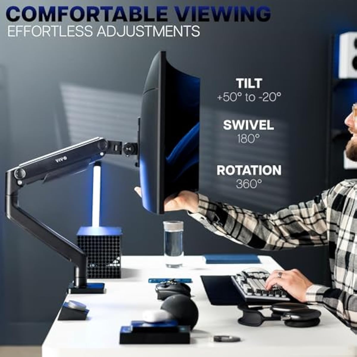 vivo heavy duty aluminum ultrawide monitor tension arm for 49 inch screens, black, stnd-v101v