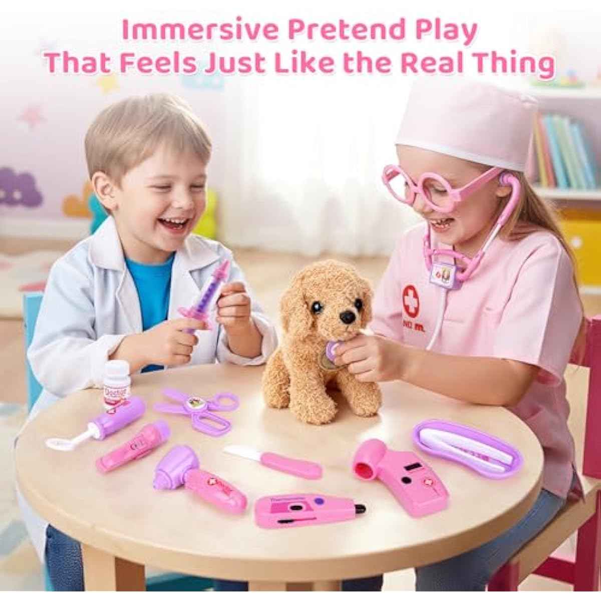 Meland Toy Doctor Kit for Girls, Pretend Play Toy Doctor Set with Dog , Carrying Bag, Stethoscope & Dress Up Costume Gift for Kids Toddlers Ages 3 4 5 6 Year Old for Role Play