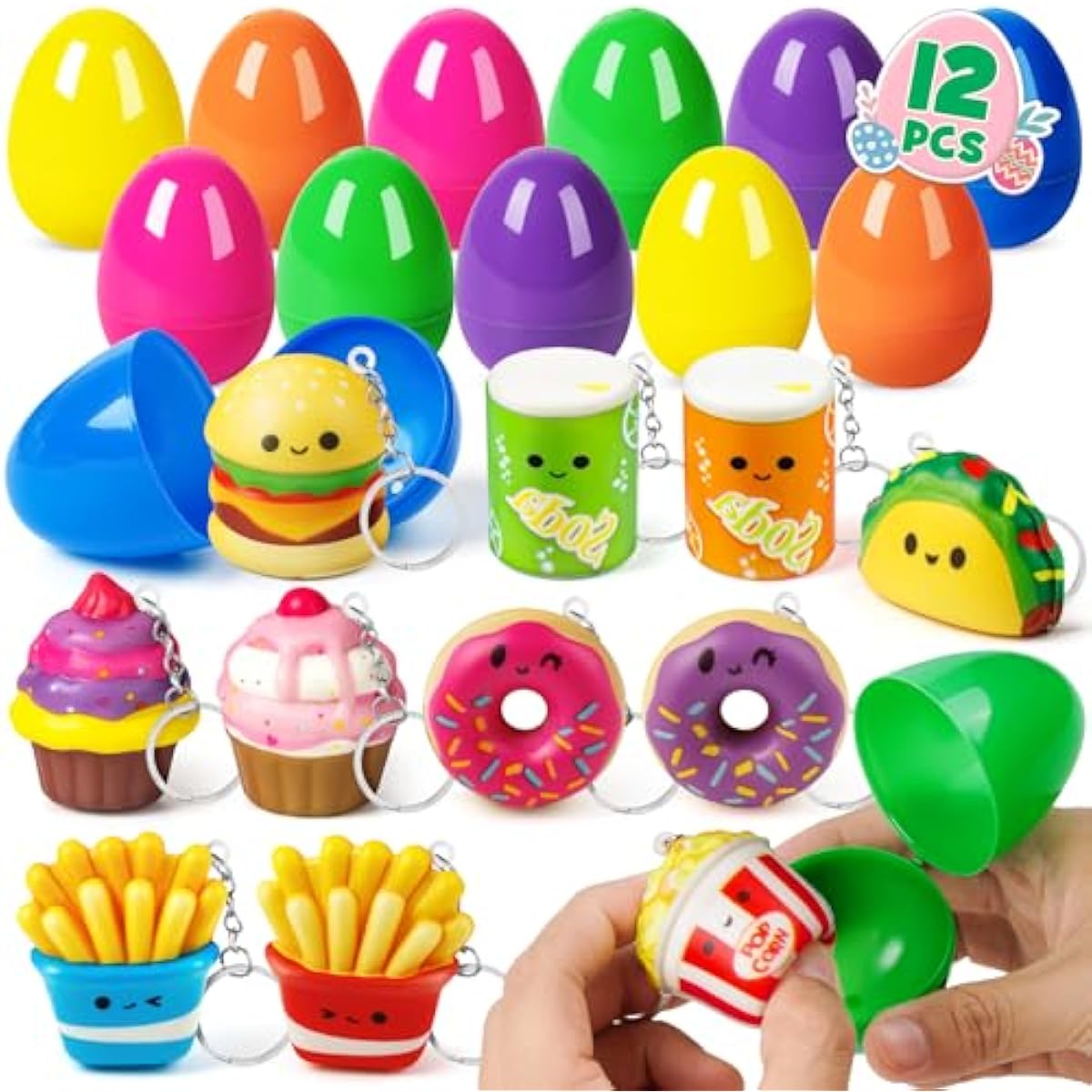 12 Pack Prefilled Easter Eggs with Food Squishy Toys Keychains, Easter Eggs Filled for Kids Easter Egg Hunt Easter Basket Stuffers Goodie Bag Fillers School Classroom Gifts