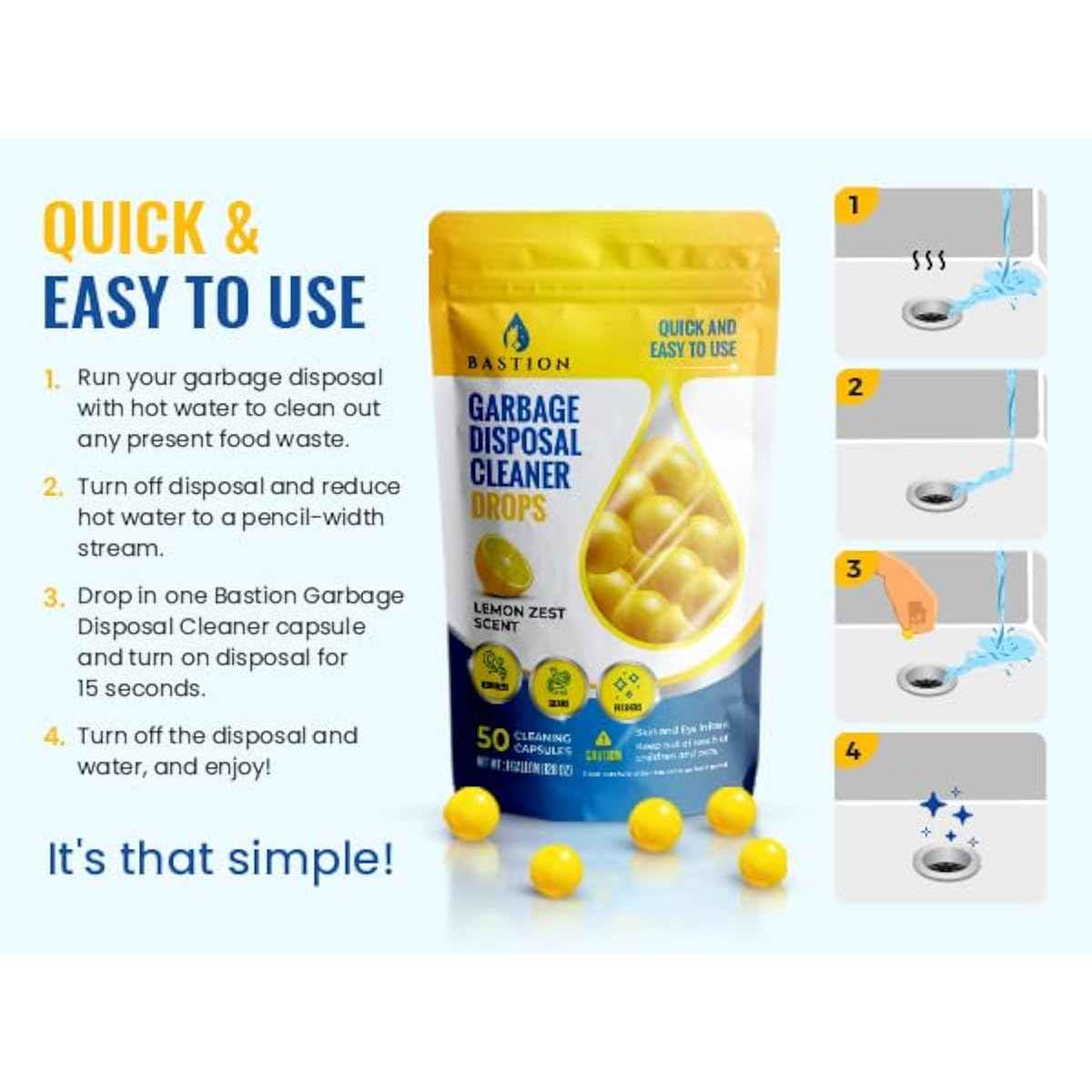 Bastion Garbage Disposal Cleaner and Deodorizer Drops- [[50-Count]] Lemon Zest Scented Kitchen Sink Freshener Pods & Drain Odor Eliminator Disposer Care Balls