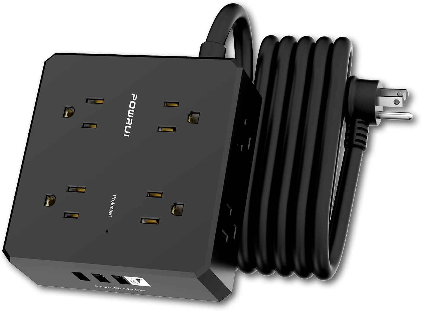 Surge Protector Power Strip - 6 Ft Flat Plug Extension Cord with 8 Widely Outlets and 4 USB Ports(1 USB C), 3 Side Outlet Extender for Home Office, White, ETL Listed