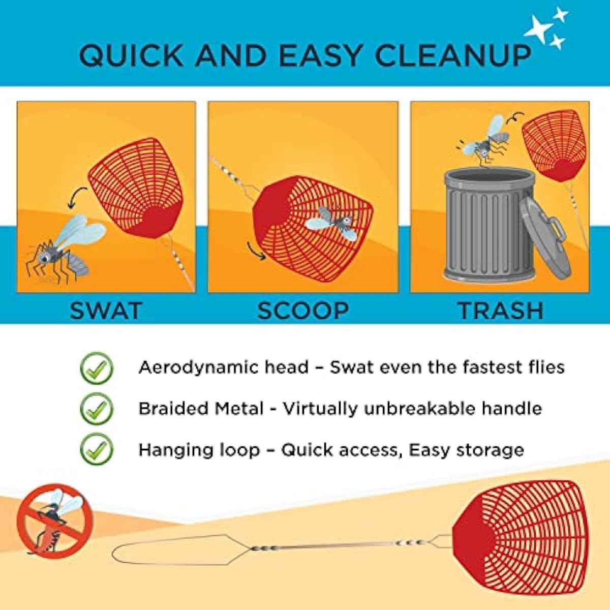 W4W, Bug & Fly Swatter Braided Metal Handle 6 Pack Fly Swatters Indoor/Outdoor flyswatter