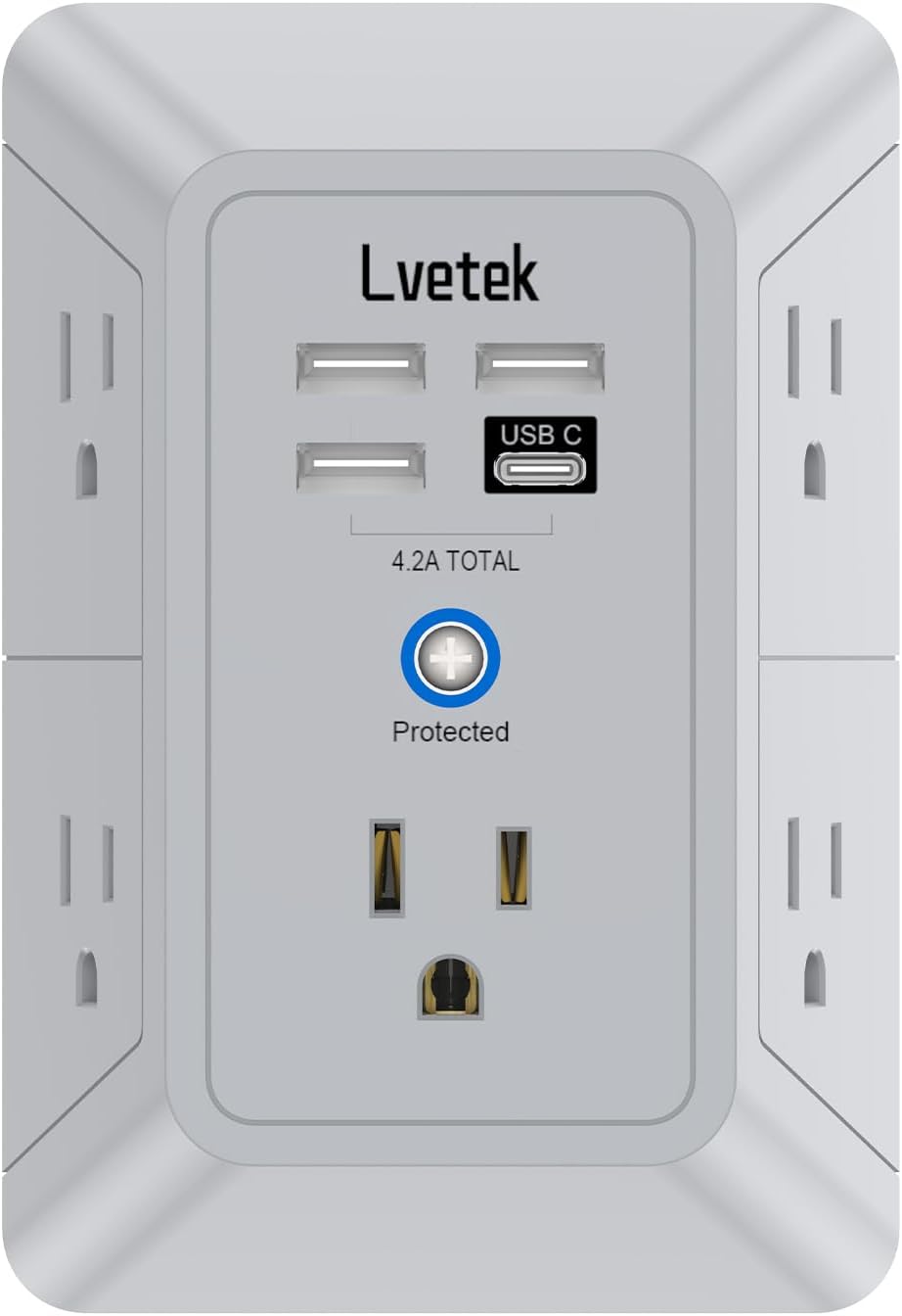 5 outlet wall extender with 4 USB charging ports, 3-sided surge protector, ETL listed, white