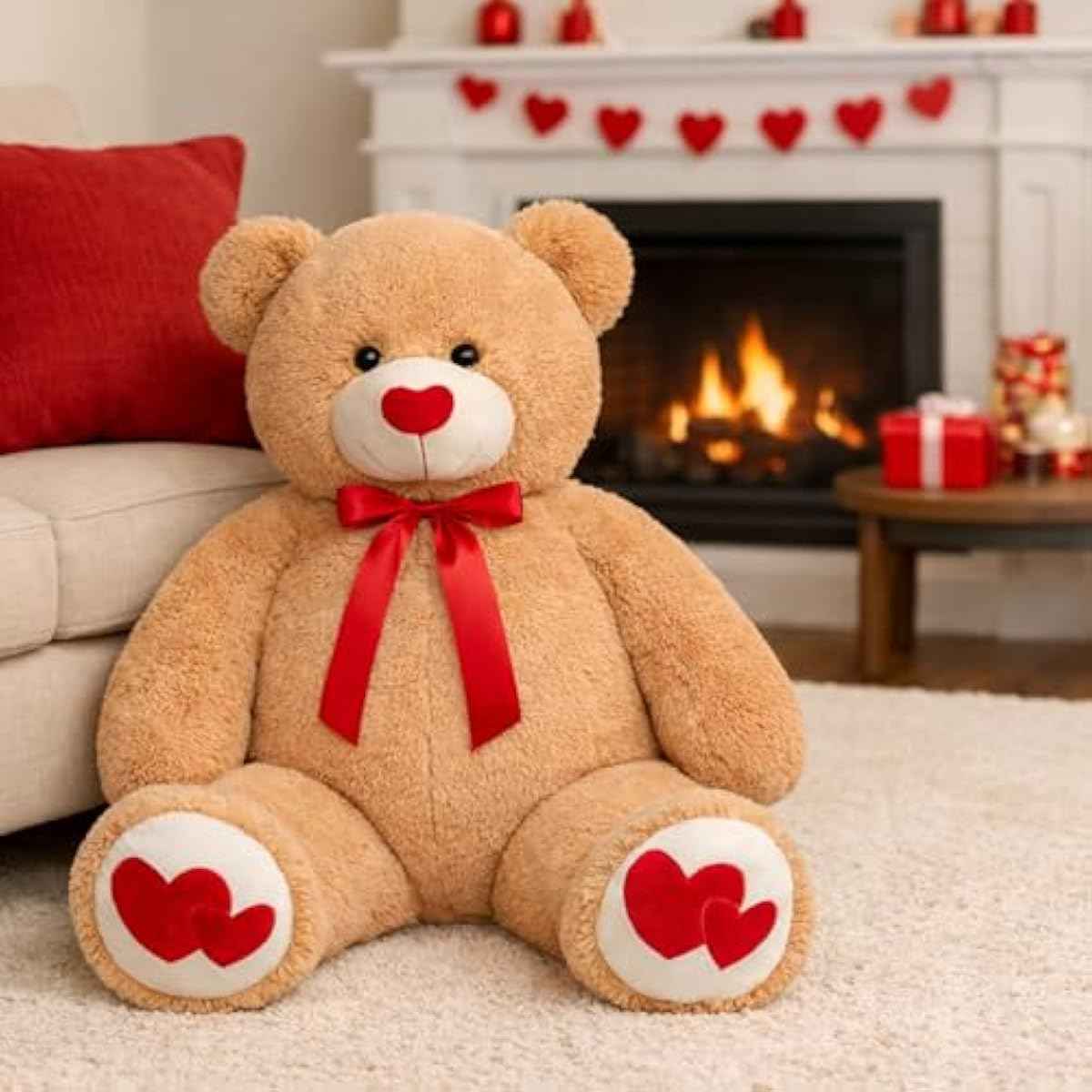 HollyHOME Big Teddy Bear Stuffed Animal Valentines Large Bear Plush with Red Heart for Girlfriend and Kids Valentines 36 inch Tan