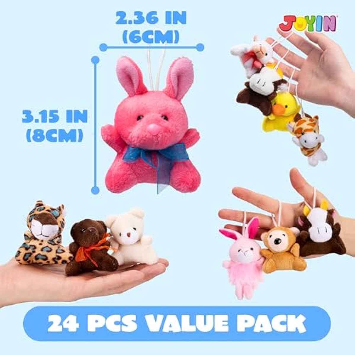JOYIN 24 Pack Mini Animal Plush Toy Assortment (24 Units 3" Each), Animals Keychain Decoration for Kids, Small Stuffed Animal Bulk for Kids, Carnival Prizes, School Gifts, Valentines Goodie Bags