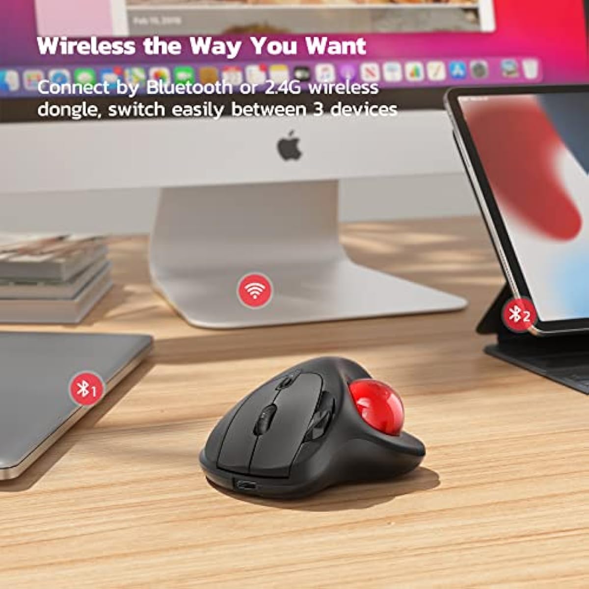 Nulea M501 wireless trackball mouse, rechargeable ergonomic, easy thumb control, precise tracking, 3 device connection, PC, laptop, Mac, Windows compatible