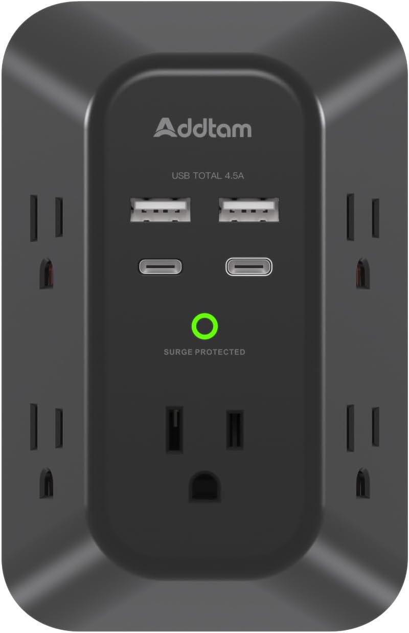 Addtam 5-Outlet USB Wall Charger Surge Protector with 4 USB Ports and 1 USB C Outlet 1800J Power Strip