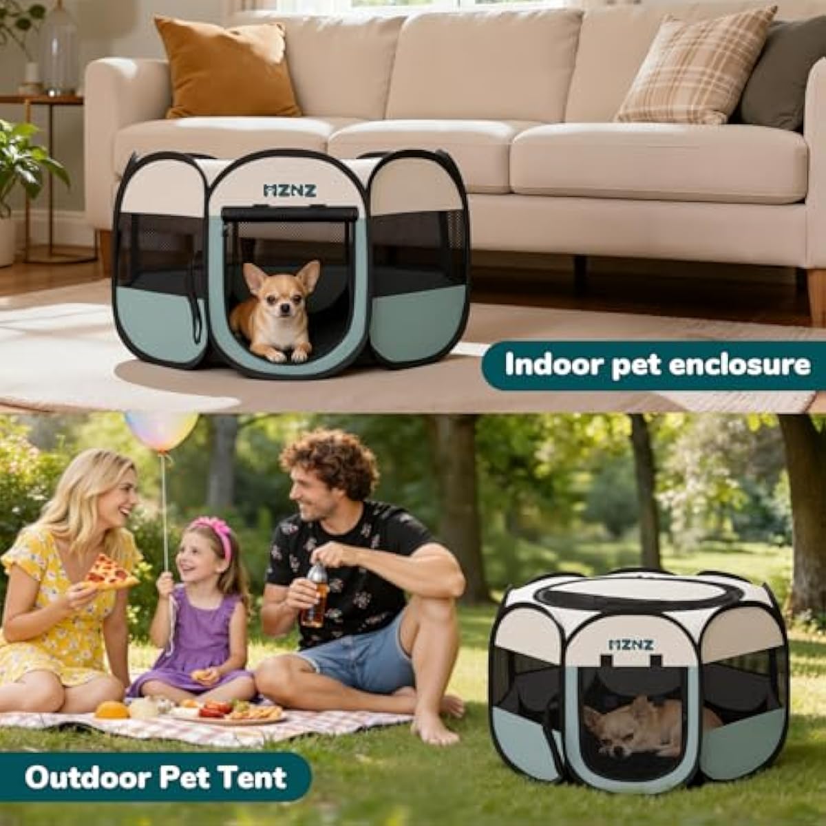 Grey dog cat playpen, portable puppy pet crate for small dogs, cats, rabbits, foldable dog cage enclosure with carrying case