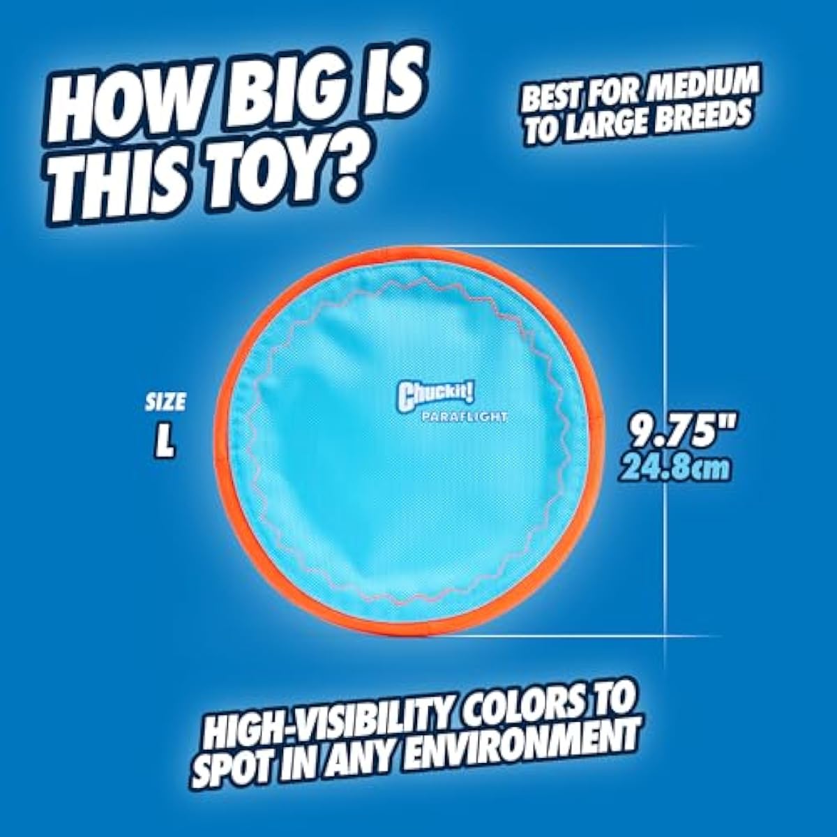 chuckit paraflight flying disc dog toy - water floating flyer - durable nylon with soft rubber edges - medium and large dogs - size large