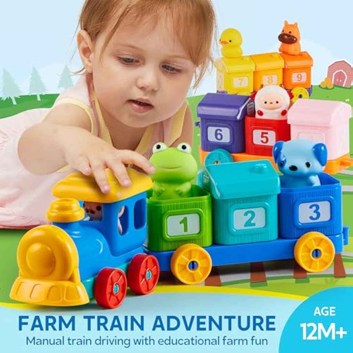 Play-Act Learning Toy for Toddlers 1 2 3 Years Old, Counting, Matching & Sorting Montessori Learning Farm Train Including 9 Farm Animals, Easter Basket Stuffers Birthday Gift for Baby Boys Girls