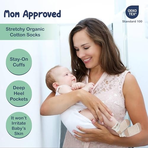 Mother's Choice Organic Cotton Baby Socks 0-6 Months, 12 pairs, Soft, Cozy, and Gentle Socks for Infants Girls and Boys