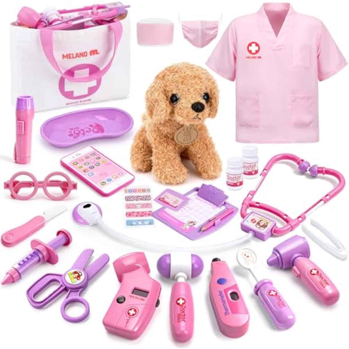 Meland Toy Doctor Kit for Girls, Pretend Play Toy Doctor Set with Dog , Carrying Bag, Stethoscope & Dress Up Costume Gift for Kids Toddlers Ages 3 4 5 6 Year Old for Role Play