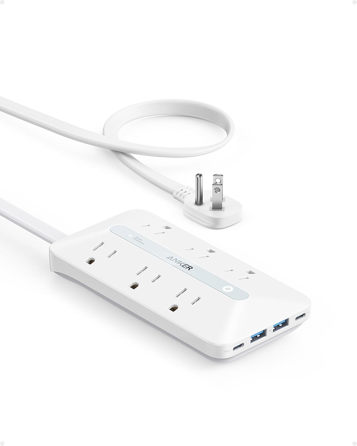 anker 300j flat plug 10-in-1 ultra thin power strip with 6 ac and 3 usb ports, extension cord, desk charging station, 5 feet, black
