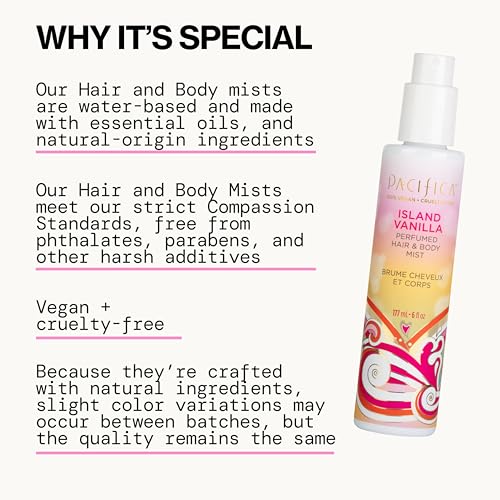 pacificas island vanilla 6oz hair and body mist, paraben-free, no alcohol, vegan and cruelty-free for women