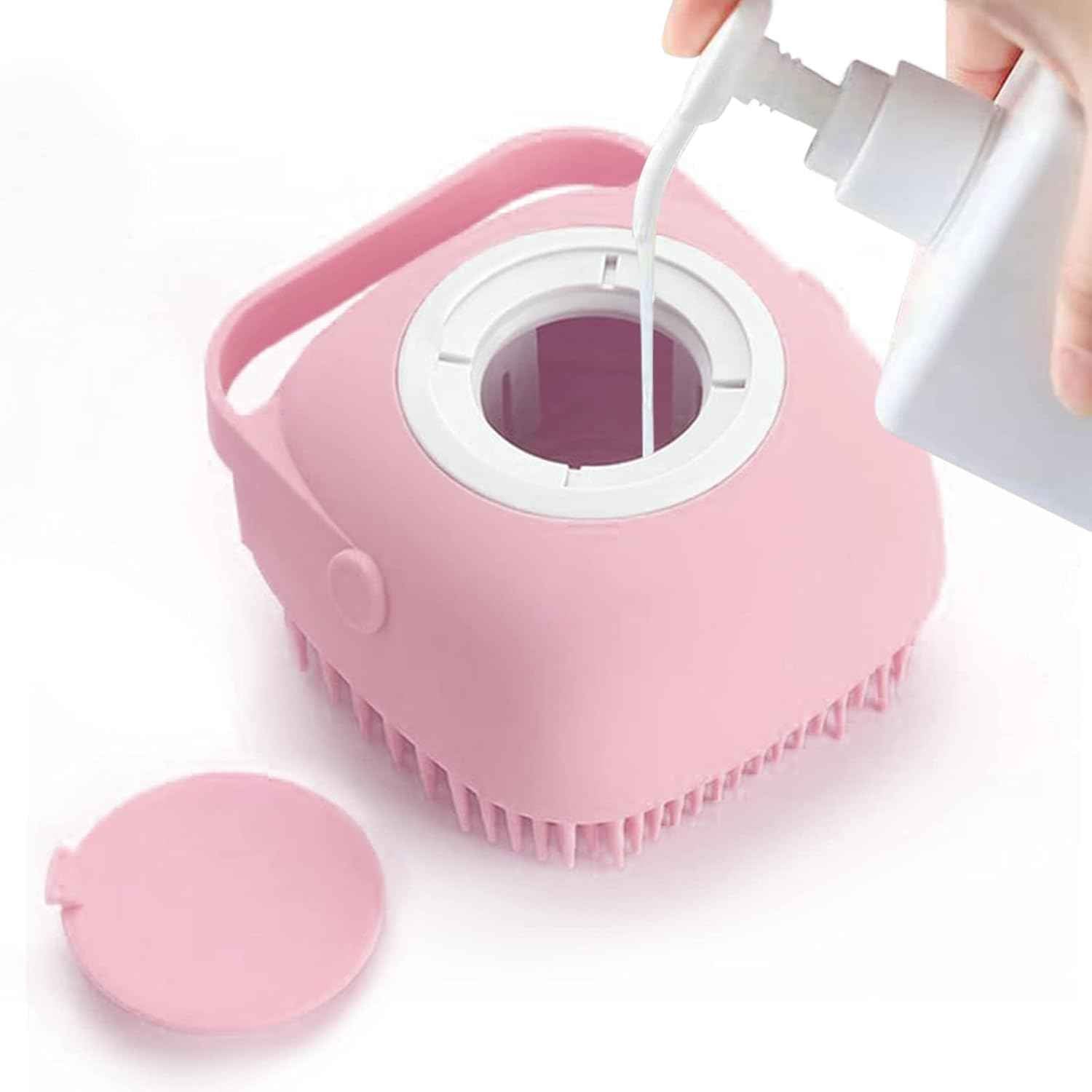 ELEGX Pet Grooming Bath Massage Brush with Soap and Shampoo Dispenser Soft Silicone Bristle for Long Short Haired Dogs Cats Shower (Yellow)