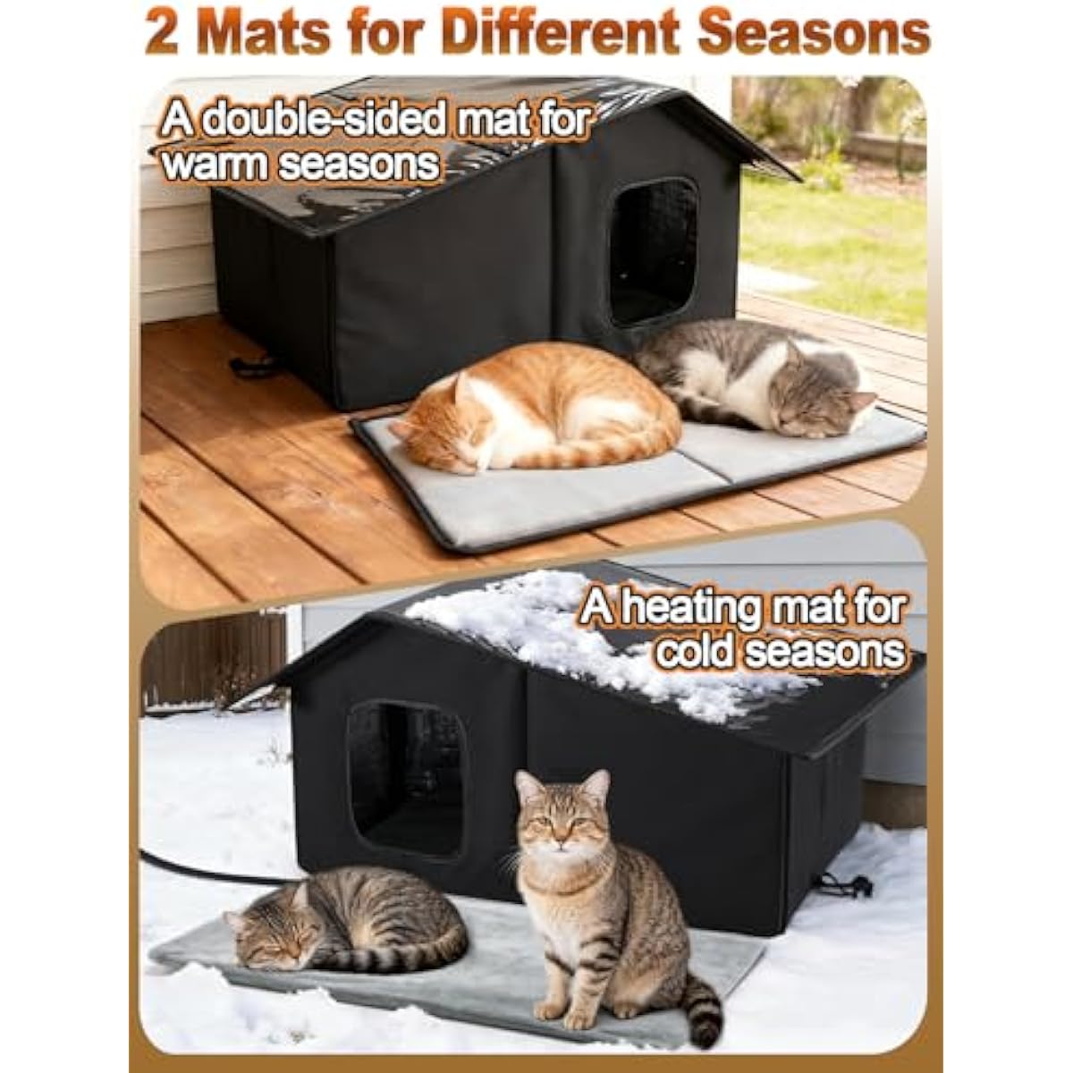 Black weatherproof heated cat house for 2-3 feral cats with thermostatic heating pad and escape door