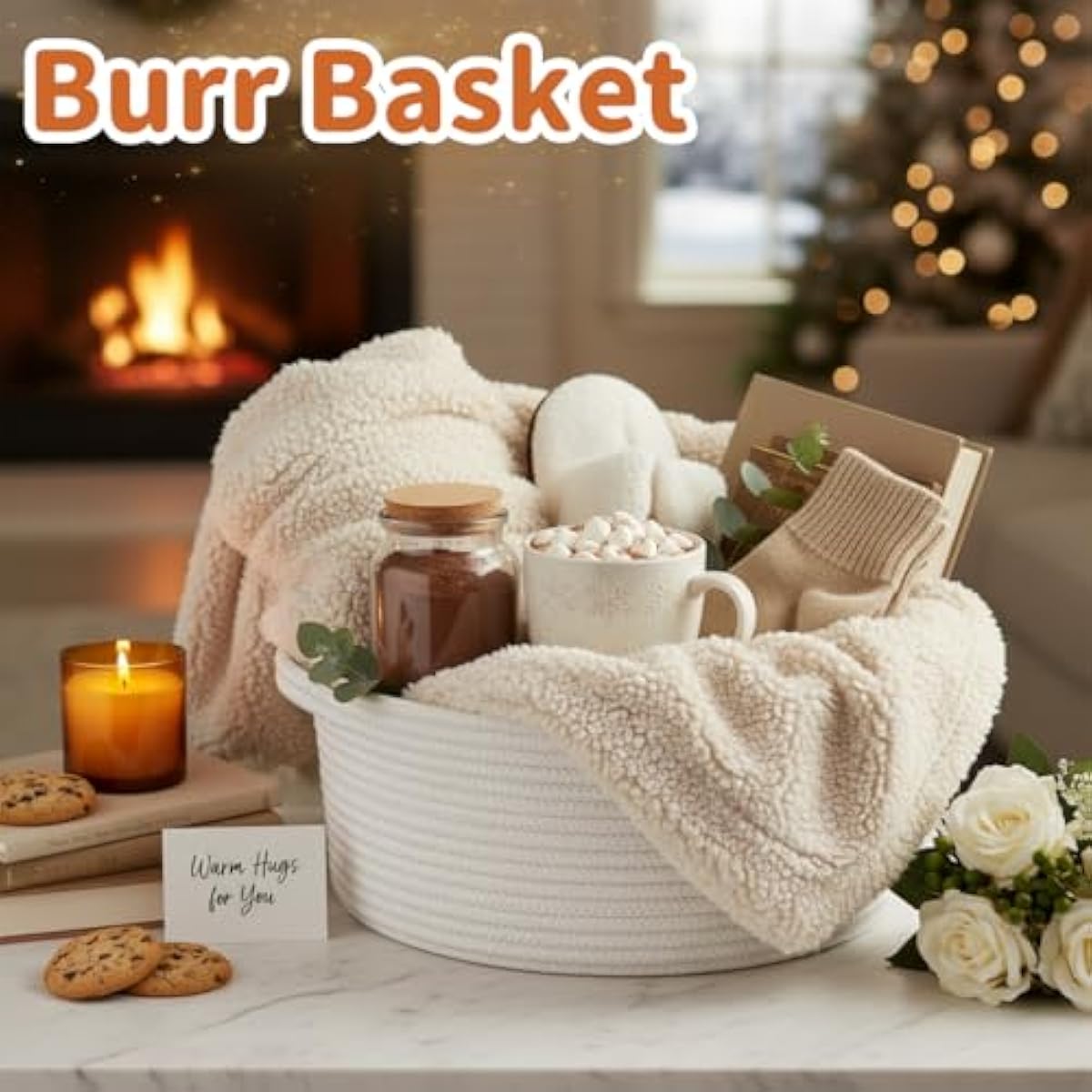 White small woven burr basket with gift bags and ribbons, 12" x 8" x 5", durable storage for gifts, baby toys, and living room essentials