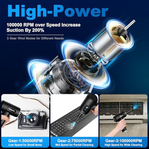 3-gear adjustable electric air duster with led light, rechargeable cordless air blower for keyboard cleaning (black)