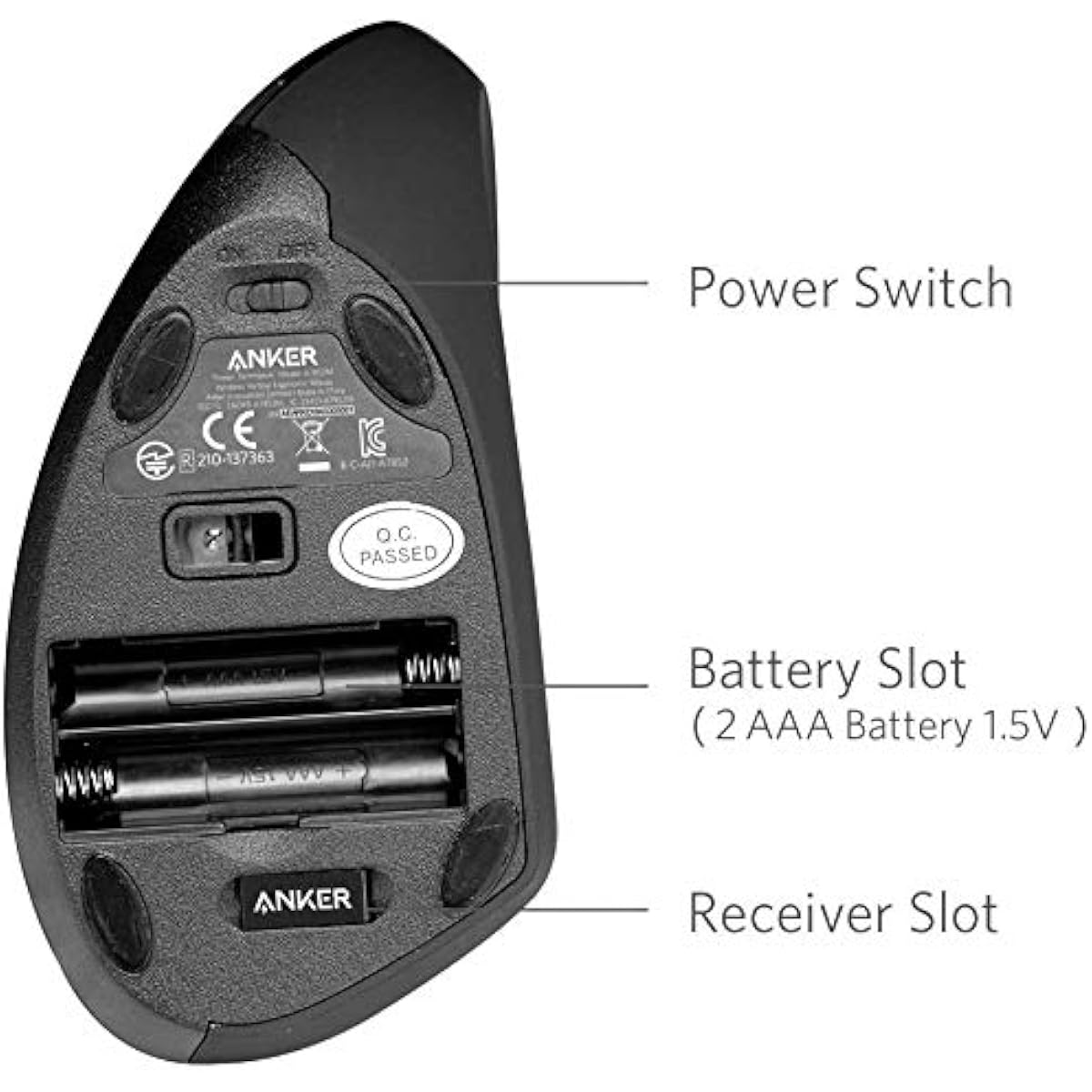 Anker 2.4G Wireless Vertical Ergonomic Optical Mouse for Work, Multi-Device Connectivity, 800/1200 /1600 DPI, 5 Buttons for Laptop, Desktop, PC - Black